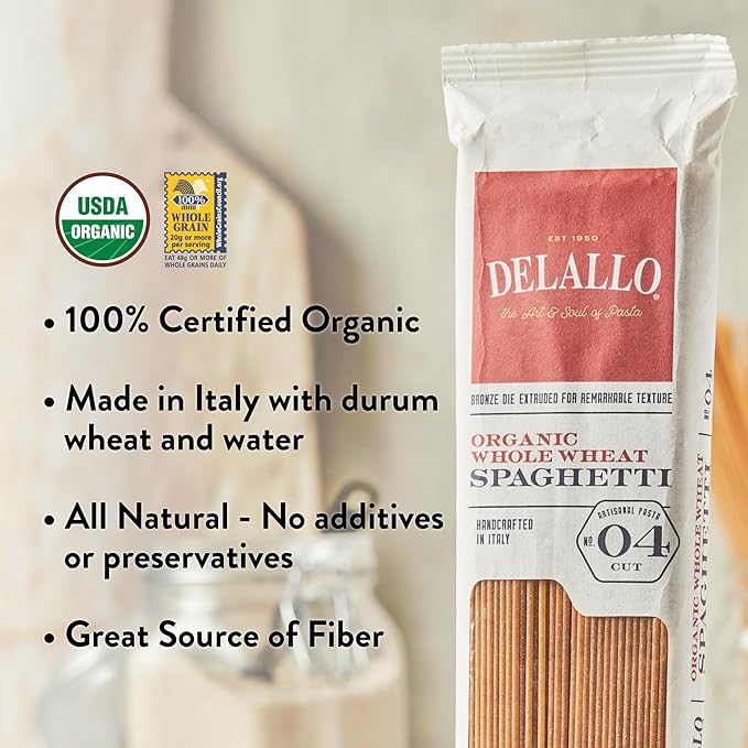 DeLallo Whole Wheat Spaghetti 1 Pound Bag 4 Pack 100% Organic Noodles Pasta from Italy Whole Grain Cooks Al Dente