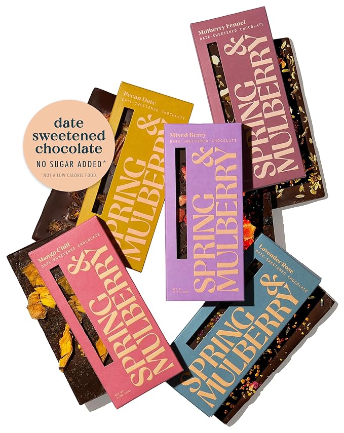 Spring &amp Mulberry Date-Sweetened Chocolate – 5-Bar Hand-Topped Variety Pack Flavors with Fruits Nuts Spices &amp Essential Oils for the Perfect Treat