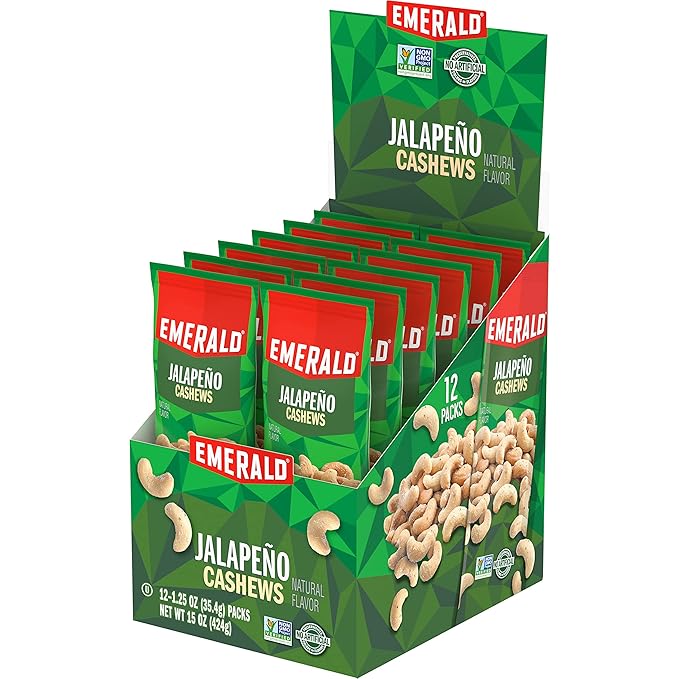 Emerald Nuts Jalapeno Seasoned Cashews 12 Ct (1-Pack) 1.25 Oz Individual Snack Tubes Plant-Based Protein Kosher Certified Non-GMO Contains No Artificial Preservatives Flavors or Synthetic Colors