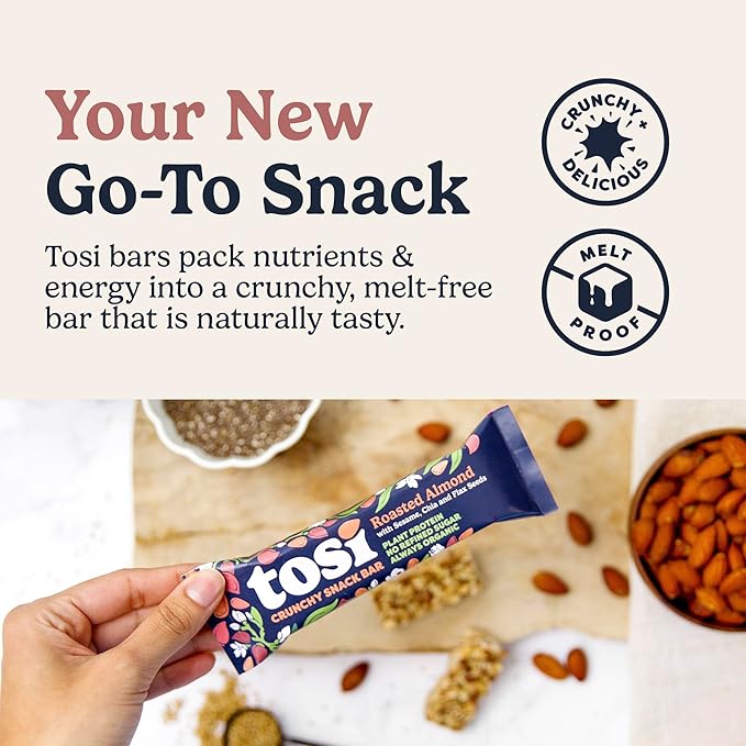 Tosi Almond Variety Pack Protein Bars Plant Based with Nuts Gluten-Free Crunchy Snacks Vegan Organic Flax &amp Chia Seeds Soy-Free Omega 3s 5G Protein 1 oz 12-Pack