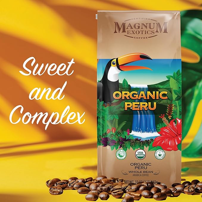 Magnum Exotics Organic Peru Blend Whole Bean Coffee - Coffee Beans Medium Roast Caffeinated Roasted Bulk Brew Rich &amp Smooth Flavor Fresh Roast -32 oz (2 lb) Bag