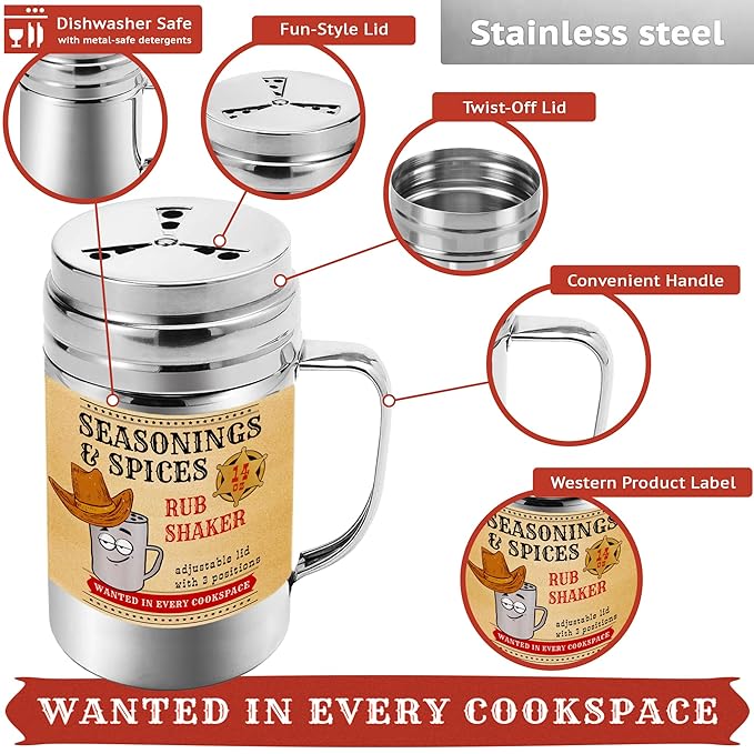 [6-pcs] 14 oz Seasonings Spice Shakers with Adjustable Fan-Style Lids and Handles + [1-pc] 14 oz Stainless Steel Salt Pepper Dredge Shaker with Plastic Cap and Handle Bundle