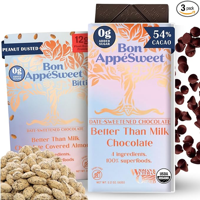 Bon Appesweet Date Sweetened Chocolate Variety | Better Than Milk Bar Chocolate Chip and Covered Almonds Protein Snacks | Variety (Pack of 3) | Zero Added Sugar 54% Cacao Plant Based Dairy and Gui