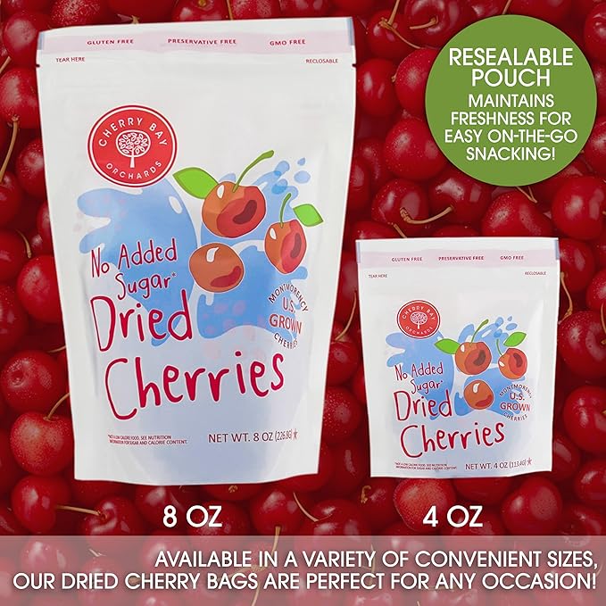 Cherry Bay Orchards Unsweetened Dried Tart Cherries (12 Pack 4 oz Bags 48 oz Total) - No Added Sugar 100% Domestic All Natural Kosher Certified Gluten Free GMO Free - Packed in Resealable Pouch