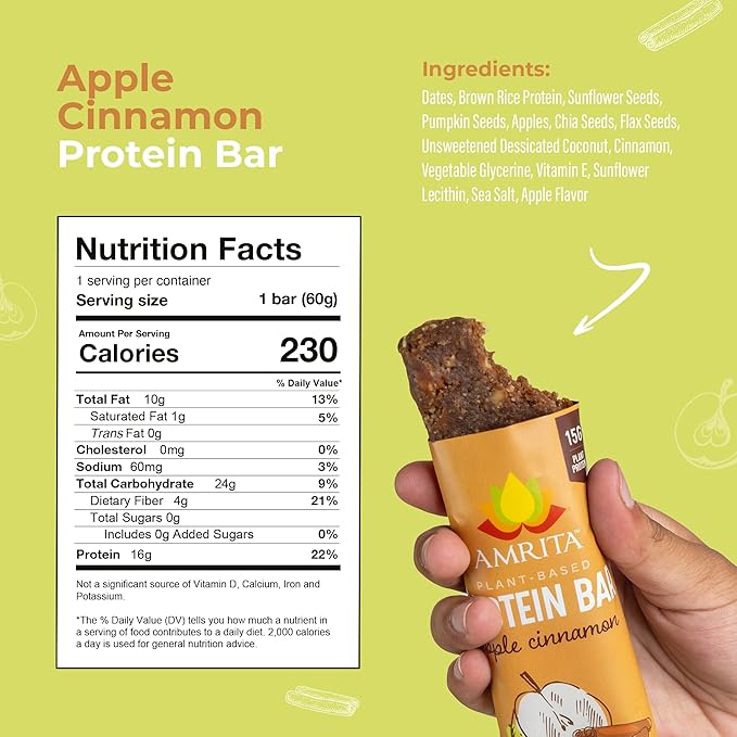 Amrita Nut Free Apple Cinnamon Vegan Protein Bars (12 Count PK of 3) | 11g Plant-Based Protein Bar | Peanut Free Gluten Free and Dairy Free | Low Sugar High Fiber Healthy School-Safe Snacks