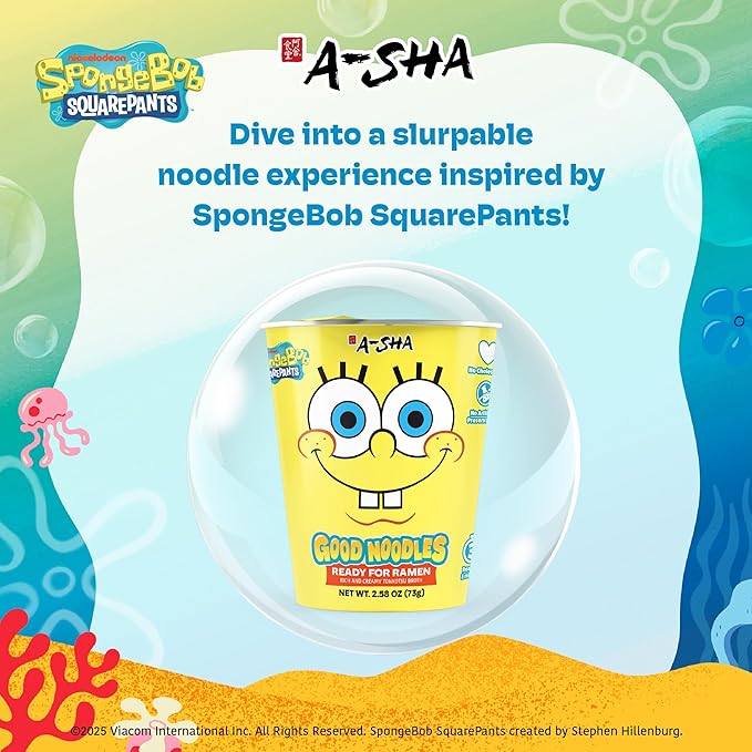 A-Sha &amp SpongeBob Squarepants Good Noodles (6 Pack) | Ready for Ramen (Mildly Spicy Flavor) | Rich and Creamy Tonkotsu Broth | Better For Your Microwaveable Ramen Soup Mix