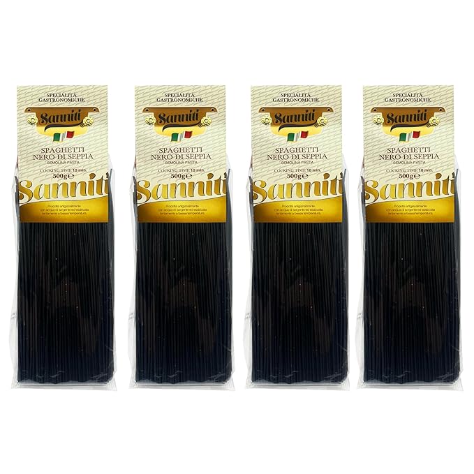 Sanniti Nero di Seppia Spaghetti 500g | Premium Italian Squid Ink Pasta | Rich Gourmet Flavor | Crafted in Italy (Pack of 4)