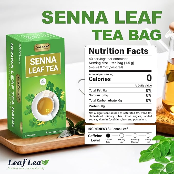LeafLea 80 Senna Leaf Tea Bags – Natural Herbal Laxative Tea Supports Gentle Constipation Relief &amp Healthy Digestion Caffeine-Free Sugar-Free No Gluten Non-GMO Vegan Individually Wrapped