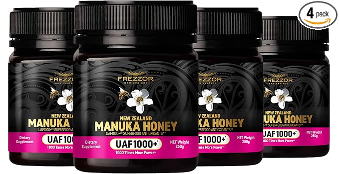 FREZZOR Premium Raw Manuka Honey New Zealand with UAF1000+ Perfect Daily Wellness Ritual Superfood 4 Jars (8.8oz/250g per jar)