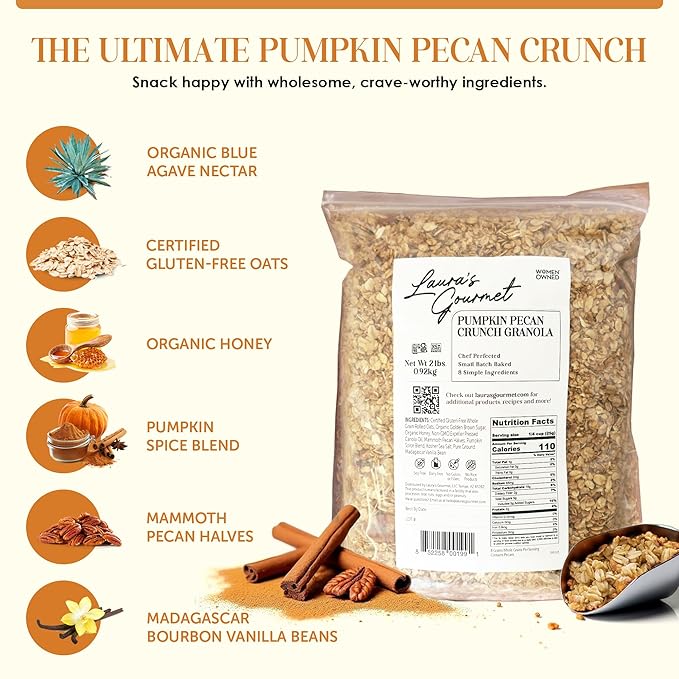 Laura's Gourmet Granola - Pumpkin Pecan Crunch - Gluten Soy &amp Dairy Free - Organic Premium Honey Pecan Halves &amp Spices Artisan Chef's Trifecta of Taste Texture &amp Mouthfeel - 2 LB
