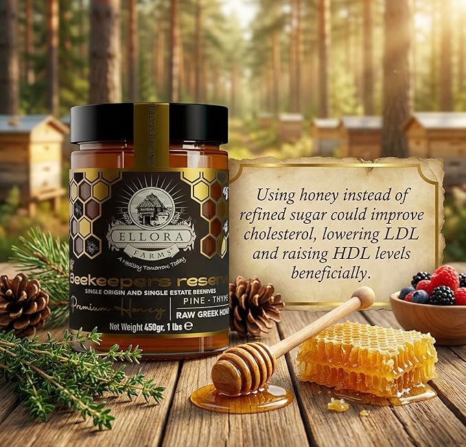 Ellora Farms Single Estate PDO Raw Greek Honey Pine &amp Thyme Raw Honey Unfiltered Beautiful Gift Pack with Dipper Beekeepers Reserve Pure Raw &amp Unfiltered Cold-Pressed Gluten Free - 450 g