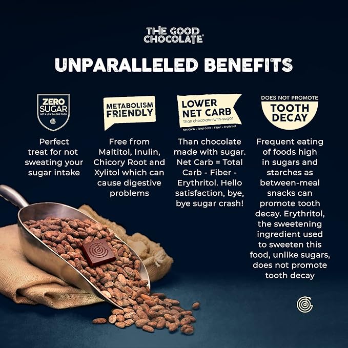 THE GOOD CHOCOLATE - Mini Signature Dark Chocolate Bars with Zero Sugar &amp Lower Net Carb - Keto Chocolate Bar Offers Lower Calorie Chocolate Candy - All Natural Non-GMO (Pack of 10)