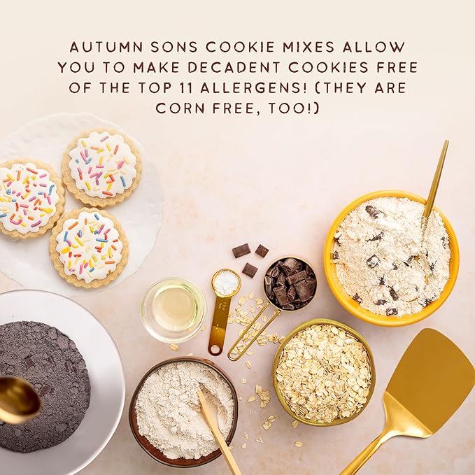 Autumn Sons Baking Co. Gluten Free Cookie Mix Variety Pack. Sugar Cookie Chocolate Chunk Double Chocolate Chunk &amp Oatmeal Cinnamon. Vegan Plant Based Baking Mix. Top 9 Allergen Free. 9.3 oz (Pac