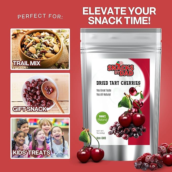 Dried Tart Cherries by Snacks by Dad | 1lb Natural Fruit Snack | Non-GMO No Preservatives | Great for Trail Mix Smoothies Baking and Gifting
