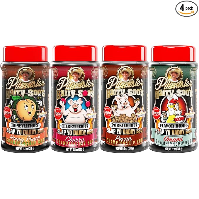 Slap Yo Daddy BBQ Flavor Bomb Umami Porkilicious Pecan Cherrylicious Ribs Cherry and Honeylicious Honey Peach (4 Rubs) 12oz Bundle