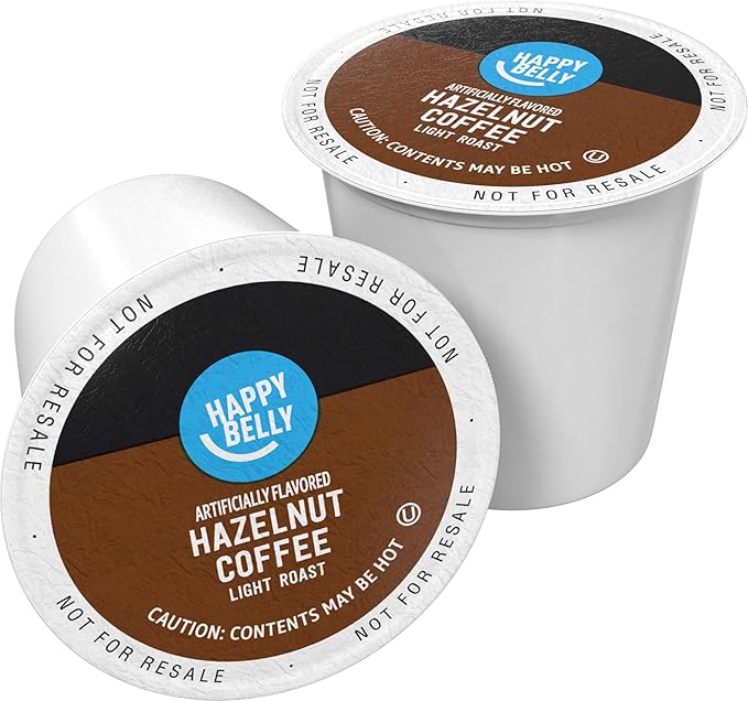 Amazon Brand - Happy Belly Light Roast Coffee Pods Hazelnut Flavored Compatible with Keurig 2.0 K-Cup Brewers 100 Count