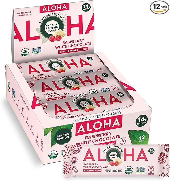 ALOHA Organic Plant Based Protein Bars | Raspberry White Chocolate | 12 Count 1.98oz Bars | Vegan Low Sugar Gluten Free Paleo Low Carb Non-GMO Stevia Free Soy Free No Sugar Alcohol Sweeteners