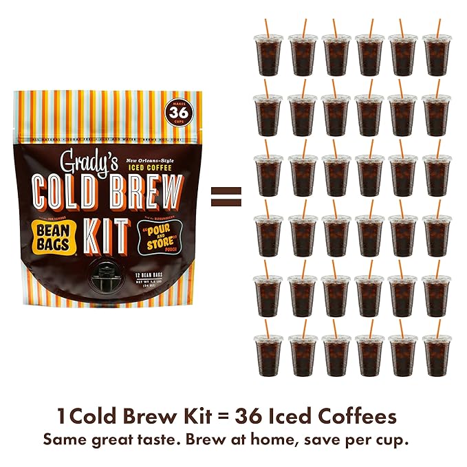 GRADY’S COLD BREW New Orleans Style - DECAF 100% Arabica Ground Coffee &amp Chicory Pouches All-in-One Cold Brew Kit with 12 Easy-to-Brew Beans Bags Makes 36 drinks