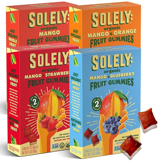 SOLELY - Organic Mango Whole Fruit Gummies Variety Pack (4 Flavors 5 Bags per Box) - Real Fresh Fruit - Healthy Snacks for Adults &amp Kids - Non GMO Vegan Snacks Shelf Stable - 20 Bags (3.5 oz)
