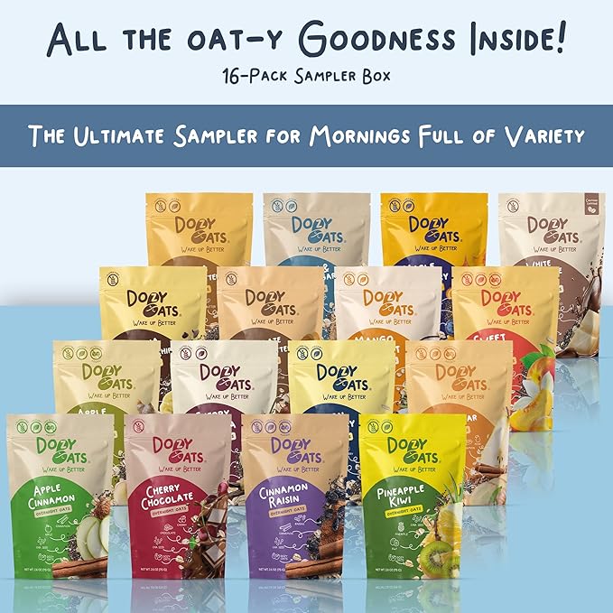 Dozy Oats Overnight Oatmeal Packets Sampler Box with Rolled Oats Chia Seeds Date Powder and Dried Fruit. Gluten-Free Natural Source of Protein and Fiber 16-Pack