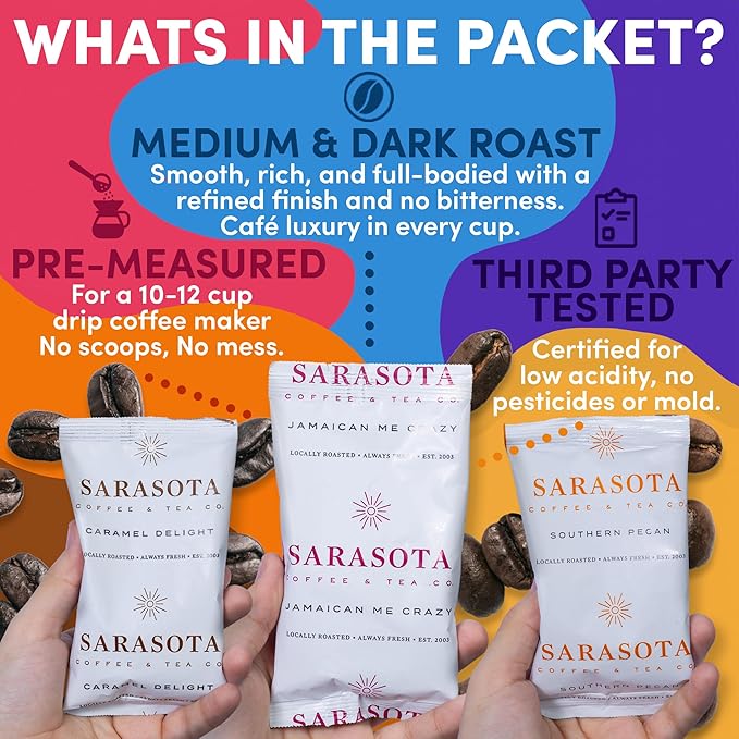 Coffee Packets Sampler – Coffee Variety Pack Ground Coffee Gift Set Medium Dark &amp Flavored Roast Low Acid Gourmet Pre-Measured Packs for 12-Cup Brewers 2oz Individual Bags