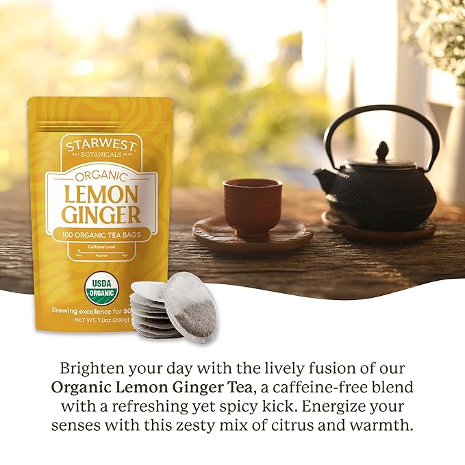 Starwest Botanicals Organic Lemon Ginger Tea - Caffeine Free Herbal Blend for Women &amp Men Lemongrass Ginger Root &amp Peppermint Leaf String Free Sachets Non GMO - Bulk Pack 100 Tea Bags