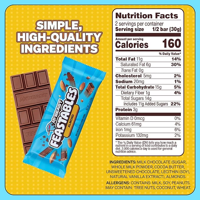 MrBeast Feastables Almond Milk Chocolate Bar King Size 10 Count Roasted Almond Chocolate Candy Fairtrade Cocoa 2.1oz Each