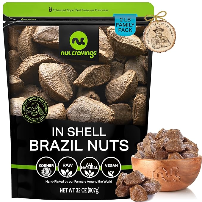NUT CRAVINGS - Raw Brazil Nuts In Shell - Whole (32oz - 2 LB) Bulk Nuts Packed Fresh in Resealable Bag - Healthy Protein Food Snack Food Assortments