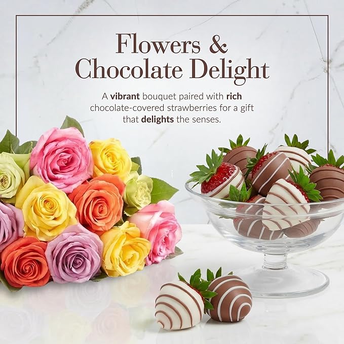 Shari’s Berries 12 Assorted Roses &amp 6 Gourmet Chocolate Covered Strawberries Gift Bundle| Flower &amp Chocolate Gift Delivery for Valentine's Day Anniversary Birthday &amp Thank You (No Vase)