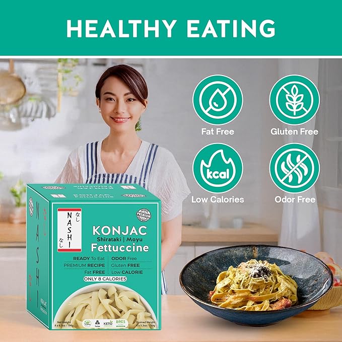 Nashi Shirataki Konjac Fettuccine Noodles - Pack of 8 | Glucomannan Premium Recipe Keto-Friendly | Low-Calorie Zero-Carb Vegan &amp Gluten-Free Odour-Free High Fiber | Ready-to-Eat Food | 53.61