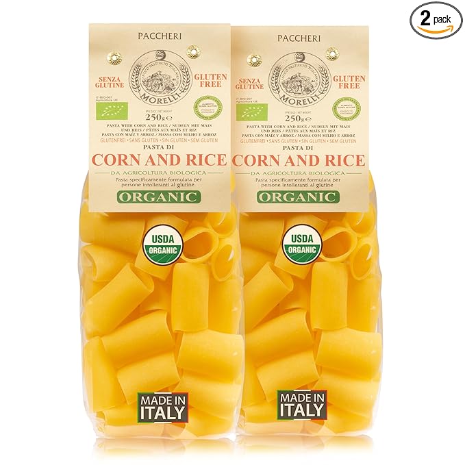 Morelli Organic Gluten Free Pasta Noodles Paccheri - Italian Gourmet Organic Large Circle Tube Made from Corn and Rice Imported Pasta from Italy - 8.8 oz - Pack of 2