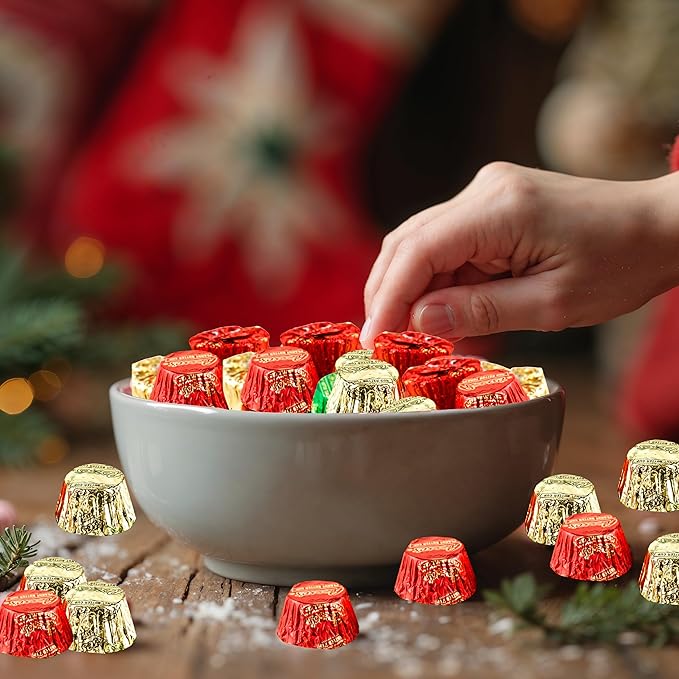 Christmas Candy Bulk 2 Lbs Miniature Peanut Butter Cups In Red Green and Gold Holiday Seasonal Wrap Individually Wrapped Gluten Free Milk Chocolate Peanut Butter Cups in Bulk Appx 100 Pieces