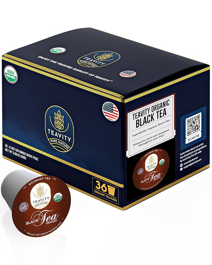 Teavity Organic Black Tea Pods for Keurig - Premium Unsweetened Naturally Caffeinated Tea for KCup - Hot or Iced (36 Pods)