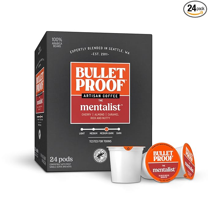 Bulletproof The Mentalist Medium-Dark Roast Single-Serve Pods 24 Count Clean Coffee Tested for Toxins Packaging May Vary