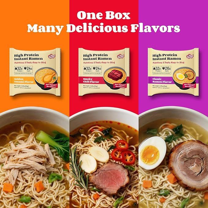 Healspot High Protein Instant Ramen Variety Pack 6 Pack Non Fried Ramen Broth 32g Plant Based Protein Low Fat Low Carb Non GMO Keto Friendly &amp Plant Based (Golden-ChickenSmoky-BeefClassic-