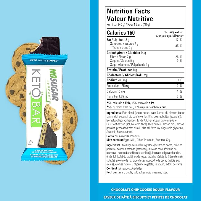 No Sugar Keto Bar Snack - Low Carb No Sugar Keto Snack Food with Keto Friendly Macros (12 x 1.41oz Bars Chocolate Chip Cookie Dough)
