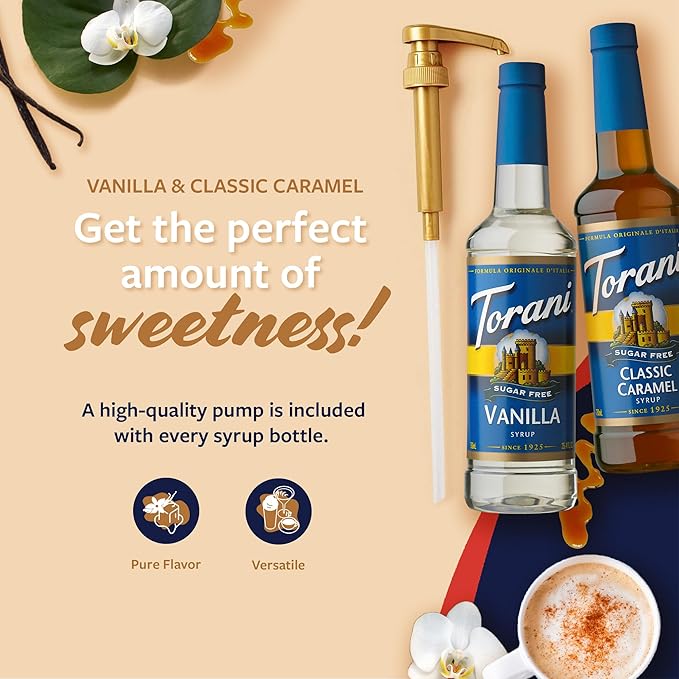 Torani Sugar Free Vanilla Syrup and Sugar Free Classic Caramel Syrup Variety 2-Pack Coffee Syrups for Drinks Pumps Included 25.4 Fl Oz Ea