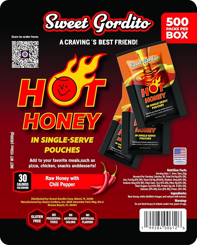 Sweet Gordito Spicy Hot Honey 9g Sachet box of 500u – Pure Natural Honey Infused with Chili | Single-Serve Hot Honey Packet | Perfect for Pizza Wings BBQ Cheese Tacos &amp Snacks | No Additives