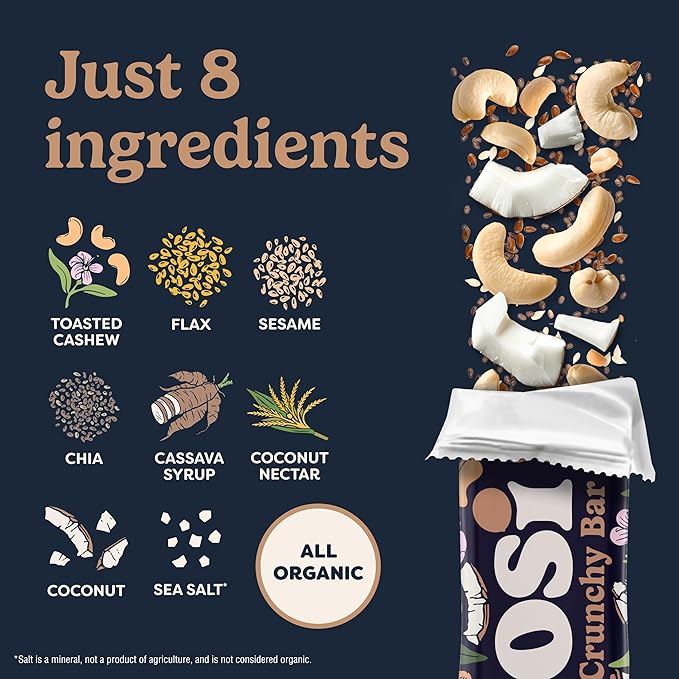 Tosi Nut Bars Cashew Coconut Healthy Snacks for Adults &amp Kids Plant Based Crunchy Bars (6G Protein) Organic Keto Snacks Vegan Gluten &amp Soy Free Low Sugar Omega 3s 1oz 12-Pack