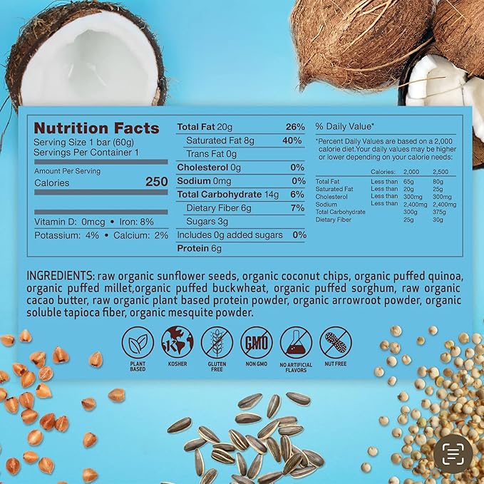 Rawmantic Coconut Energy Bar (12 Mini Bars x 60g) – Organic Coconut Chips &amp Plant Based Protein with Puffed Quinoa Sorghum Millet &amp Buckwheat - No Artificial Flavors Plant-Based Non-GMO &a