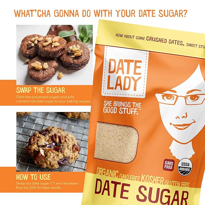 Date Lady Date Sugar (2) 12oz Bags Organic | Vegan Paleo Gluten-Free &amp Kosher | Sugar Substitute and Alternative Sweetener for Baking | Will Not Dissolve in Your Coffee (1.5lbs Total)