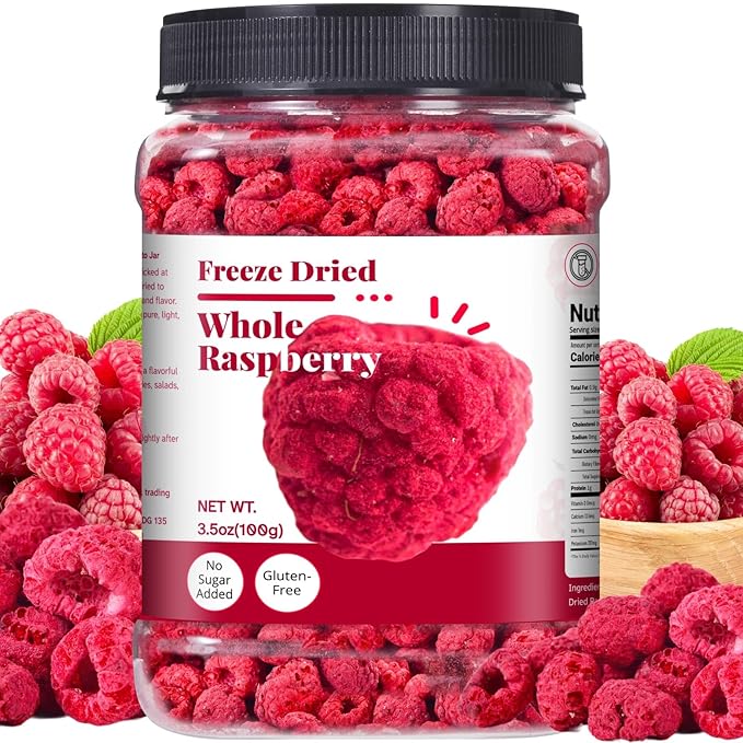 Freeze Dried Whole Raspberries 3.53oz (100g) – 100% Natural No Sugar Added | Crunchy Whole Berry Snack for Baking Yogurt &amp Smoothies | Large Resealable Jar