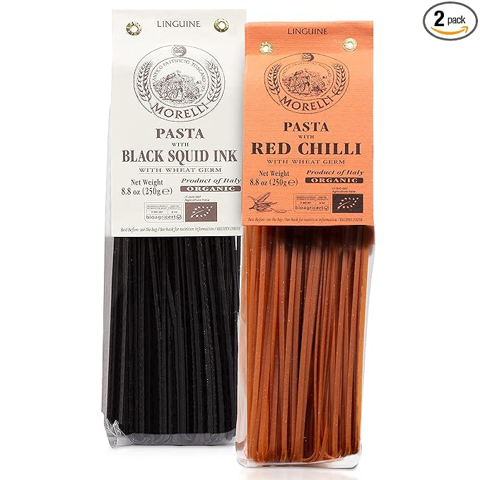 Morelli Organic Pasta Variety Pack - Black Squid Ink Pasta Linguine and Red Chili Linguine - Imported Italian Pasta Sampler - Includes Two-8.8 oz Packages of Gourmet Pasta from Italy