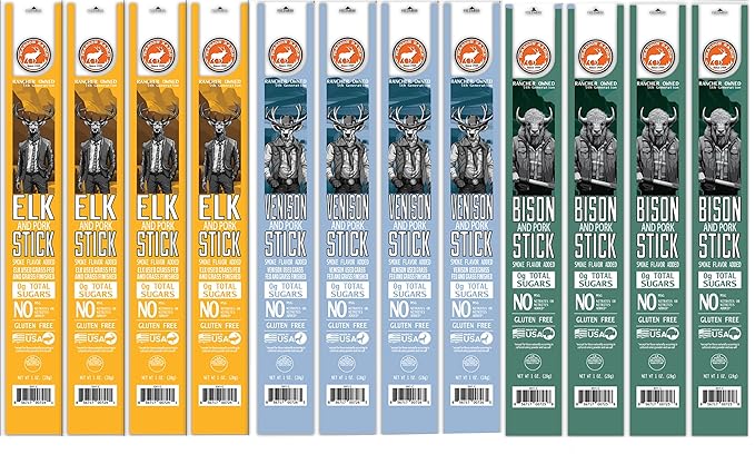 PEARSON RANCH SINCE 1959 Meat Stick Sampler Pack of Elk Venison &amp Bison Meat Sticks Pack of 12-4 of Each Protein