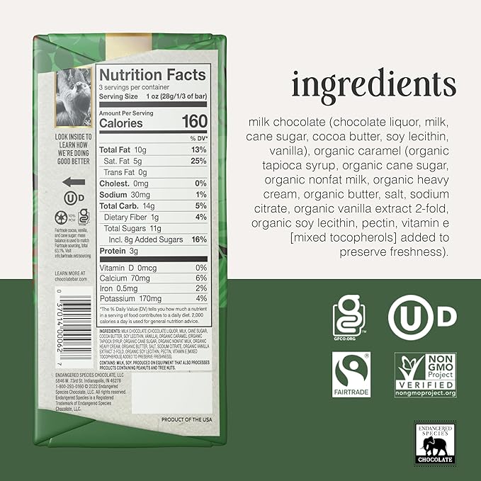 Endangered Species Chocolate Bar 3oz (12 Pack) (Natural 48% Cacao Milk Chocolate w/Caramel)