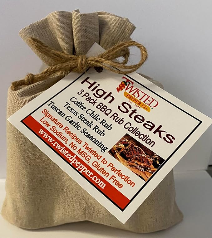 Twisted Pepper Co. Handcrafted Premium BBQ Rubs High Steaks 3 Pack Gift Set Coffee Rub Texas Steak Rub Tuscan Roasted Garlic Low Sodium No MSG Gluten Free 5 oz. bottles Great on Steak Beef