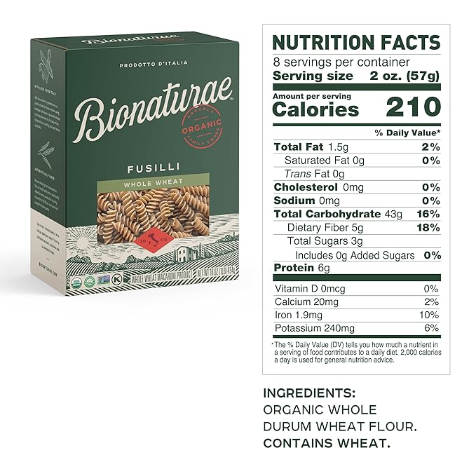 Bionaturae Fusilli Pasta Noodles - Whole Wheat Pasta Kosher Certified High Protein Non-GMO Verified USDA Certified Whole Wheat Fusilli Fusilli Pasta Organic Crafted in Italy - 16 Oz