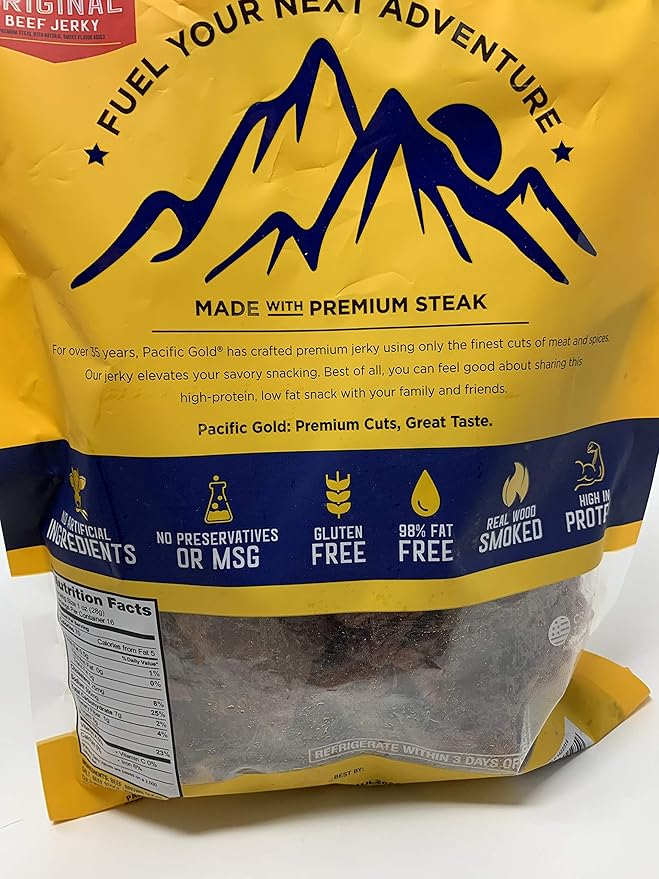 Pacific Gold Original Beef Jerky Gluten Free Real Wood Smoked Beef Jerky - 16 oz Per Bag - No Nitrates No Preservatives and High In Protein - Choose 2 Pack or 3 Pack (3 Pack)