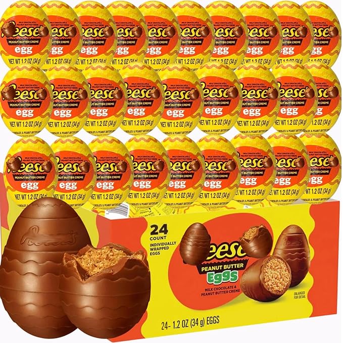 ReesePeanut Butter Creme Eggs Candy Bulk 24 Count 3D 1.2 oz. Milk Chocolate Peanut Butter Creme Eggs Individually Wrapped Chocolate Eggs for Easter Baskets Egg Hunts