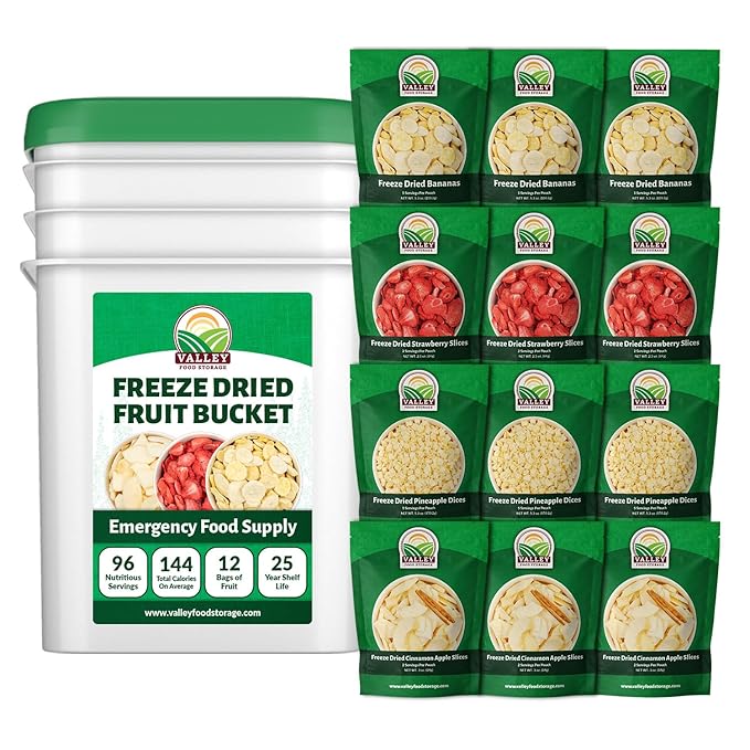 Valley Food Storage Freeze Dried Fruit Bucket | 12 Pouch Emergency Food Supply | Non-GMO Survival Food with 25 Year Shelf Life | Camping Snacks Long Term Food Storage &amp Prepper Supplies | Package